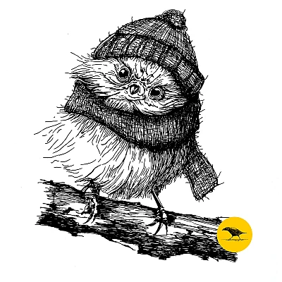 Schwarzweisse Tintezeichnung eines Vogels mit Mütze und Schal