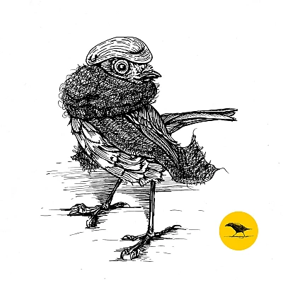 Schwarzweisse Tintezeichnung eines Vogels mit Mütze und Schal