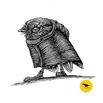 Schwarzweisse Tintezeichnung eines Vogels im Mantel