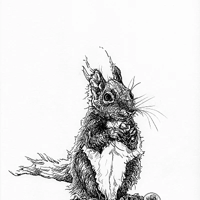 Schwarze Zeichnung eines Eichhörnchens.