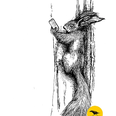 Schwarzweisse Tintezeichnung eines Eichhörnchens