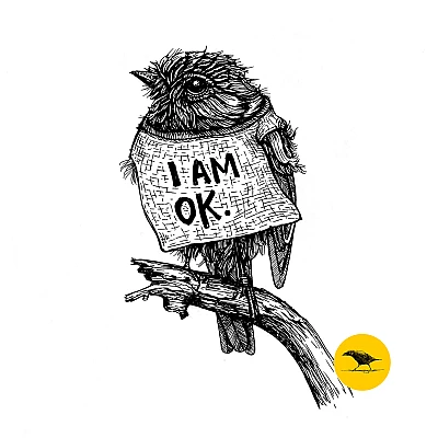 Tintezeichnung. Ein Vogel sitz auf einem Ast. Auf seinem T-Shirt steht: I am ok