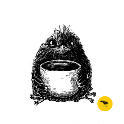 Tintezeichnung. Ein Vogel umfasst eine große Tasse