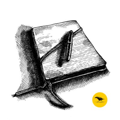 Tintezeichnung. Auf einem Notizbuch liegt ein Füllhalter