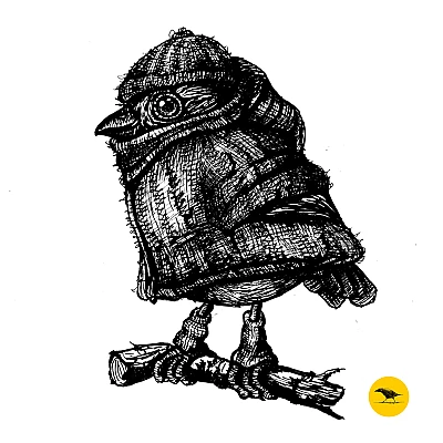 Schwarzweisse Tintezeichnung eines Vogels mit Schal und Mütze