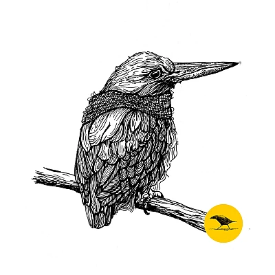 Schwarzweisse Tintezeichnung eines Vogels mit Schal