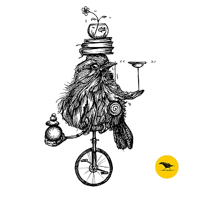 Schwarzweisse Tintezeichnung eines Vogels auf einem Einrad, der etwas auf seinen Flügeln jongliert