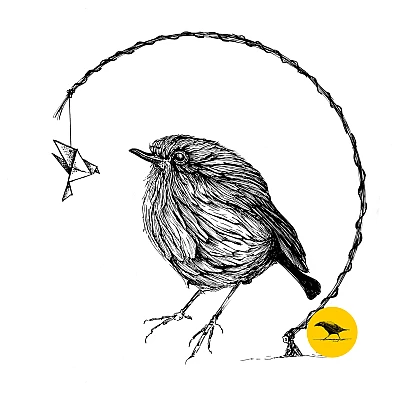 Schwarzweisse Tintezeichnung eines Vogels