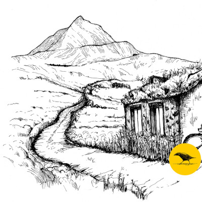 Schwarzweisse Tintezeichnung einer Landschaft