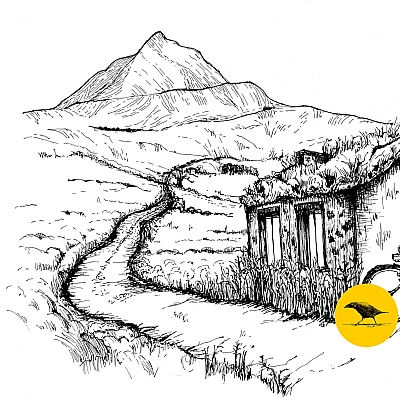 Schwarzweisse Tintezeichnung einer Landschaft