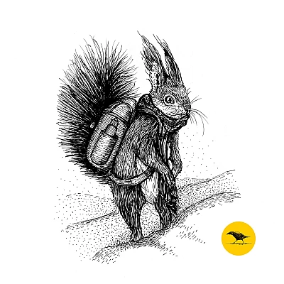 Schwarzweisse Tintezeichnung eines Eichhörnchens mit Schal und Rucksack