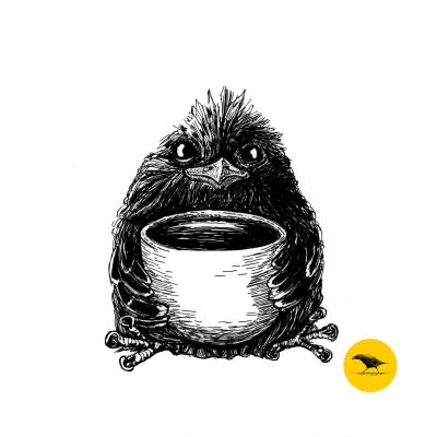 Tintezeichnung. Ein Vogel umfasst eine große Tasse
