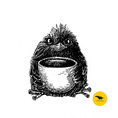 Tintezeichnung. Ein Vogel umfasst eine große Tasse