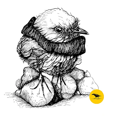 Schwarzweisse Tintezeichnung eines Vogels mit Schal