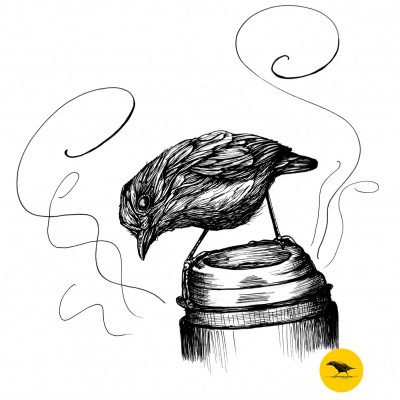 Tintezeichnung. Ein Vogel steht auf einem ToGo-Becher
