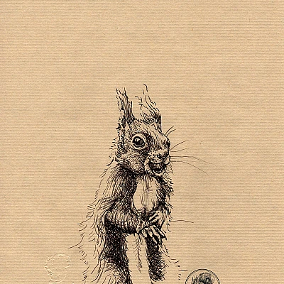 Schwarze Zeichnung eines Eichhörnchens.