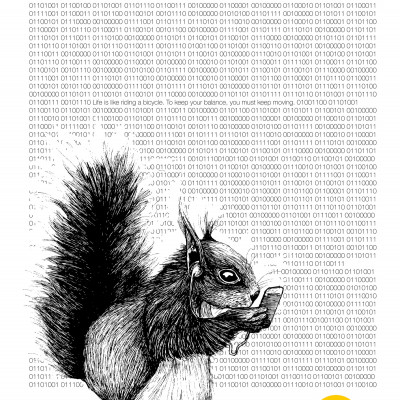 Tintezeichnung. Ein Eichhörnchen in der unteren linken Ecke schaut in ein Mobiltelefon. Der Rest des Bildes setzt sich aus Nullen und Einsen zusammen.