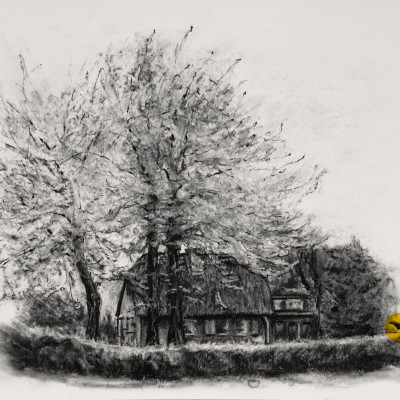Graustufenzeichnung eines kleinen Hauses mit Reetdach, das in einem von einer Hecke umrahmten Garten steht und von drei Kirschbäumen überragt wird.
