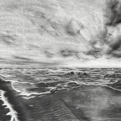 Zeichnung einer Meereszene: bedeckter Himmel über einem unruhigen Meer.