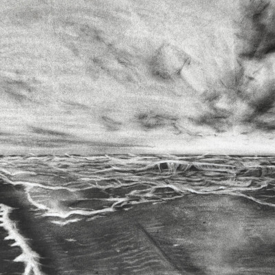 Zeichnung einer Meereszene: bedeckter Himmel über einem unruhigen Meer.