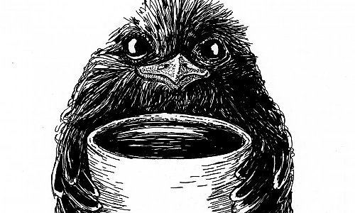 Schwarze Zeichnung eines Vogels, der eine Tasse in den Flügeln hält.